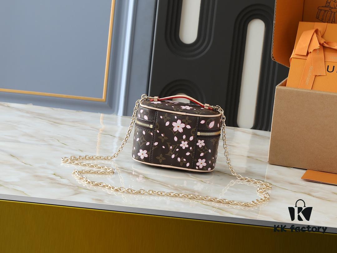 Upgraded Original M42265 M14181 M44495 M44936 M42263 Nice Cosmetic Pouch Made of Monogram Coated Canvas with Rounded Silhouette Inspired by Trunk Design, Cherry Blossom Pattern Exudes the Joyful Spirit of Louis Vuitton x Takashi Murakami Reimagined Collection, Cowhide Leather Handle Highlights Exquisite Craftsmanship, Double Zipper Closure Securely Stores Daily Essentials