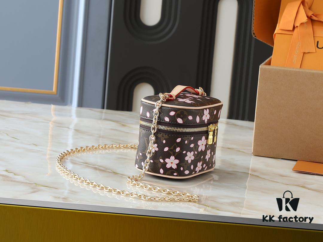 Upgraded Original M42265 M14181 M44495 M44936 M42263 Nice Cosmetic Pouch Made of Monogram Coated Canvas with Rounded Silhouette Inspired by Trunk Design, Cherry Blossom Pattern Exudes the Joyful Spirit of Louis Vuitton x Takashi Murakami Reimagined Collection, Cowhide Leather Handle Highlights Exquisite Craftsmanship, Double Zipper Closure Securely Stores Daily Essentials