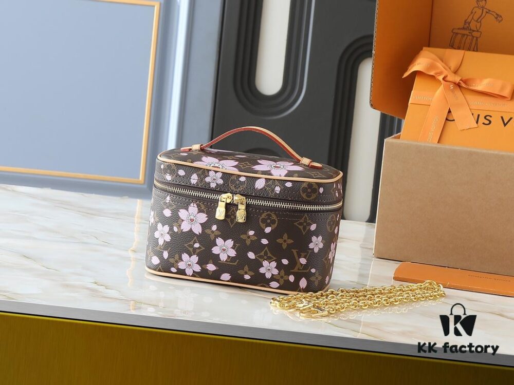Upgraded Original M14181 M44495 Nice Mini Cosmetic Case Made of Monogram Coated Canvas with Rounded Silhouette and Cherry Blossom Pattern from the Louis Vuitton x Takashi Murakami Reimagined Collection, Featuring Cowhide Leather Handle and Double Zipper Closure