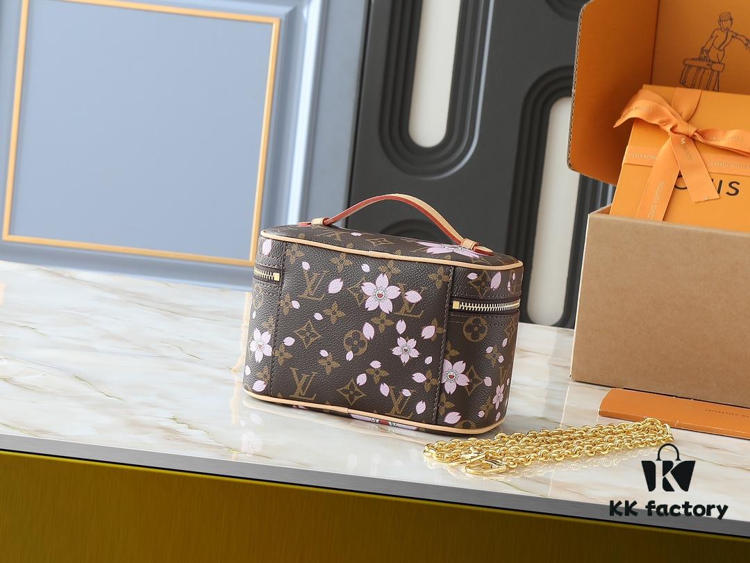Upgraded Original M14181 M44495 Nice Mini Cosmetic Case Made of Monogram Coated Canvas with Rounded Silhouette and Cherry Blossom Pattern from the Louis Vuitton x Takashi Murakami Reimagined Collection, Featuring Cowhide Leather Handle and Double Zipper Closure