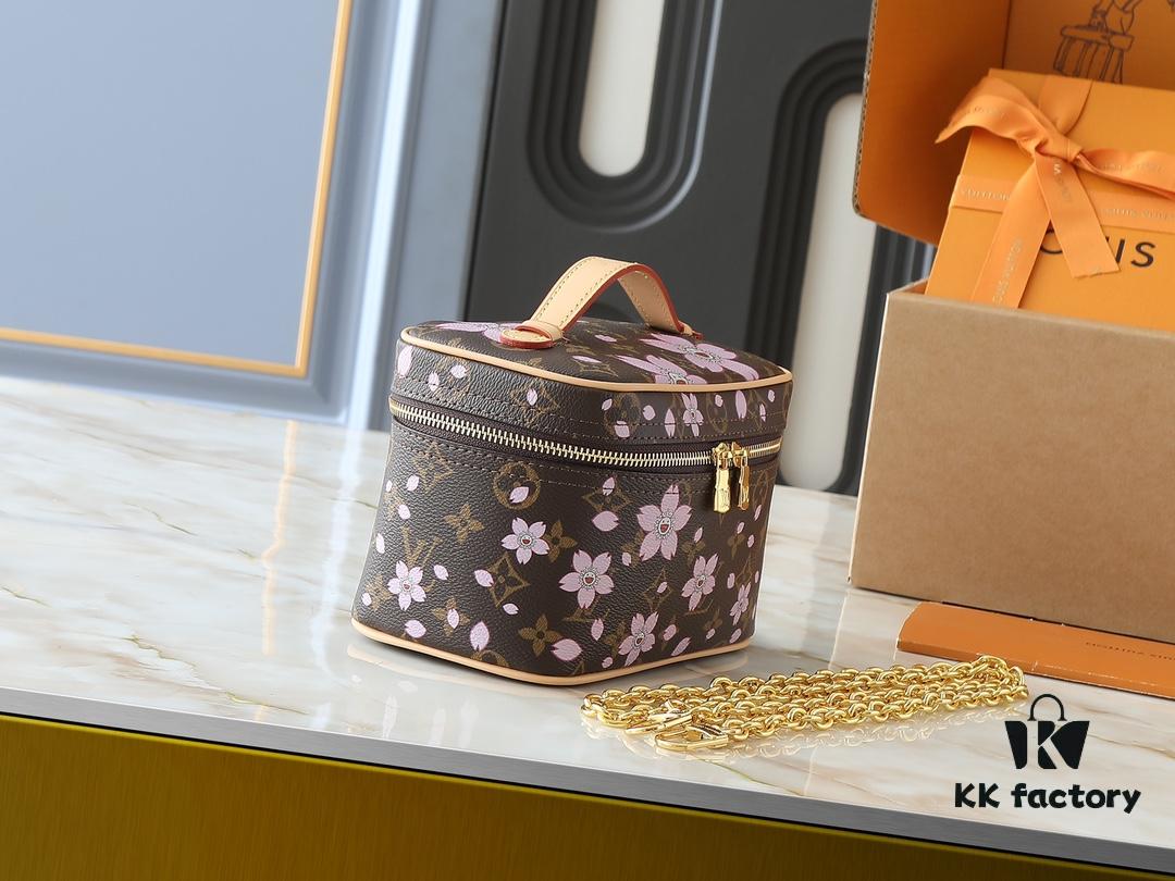 Upgraded Original M14181 M44495 Nice Mini Cosmetic Case Made of Monogram Coated Canvas with Rounded Silhouette and Cherry Blossom Pattern from the Louis Vuitton x Takashi Murakami Reimagined Collection, Featuring Cowhide Leather Handle and Double Zipper Closure