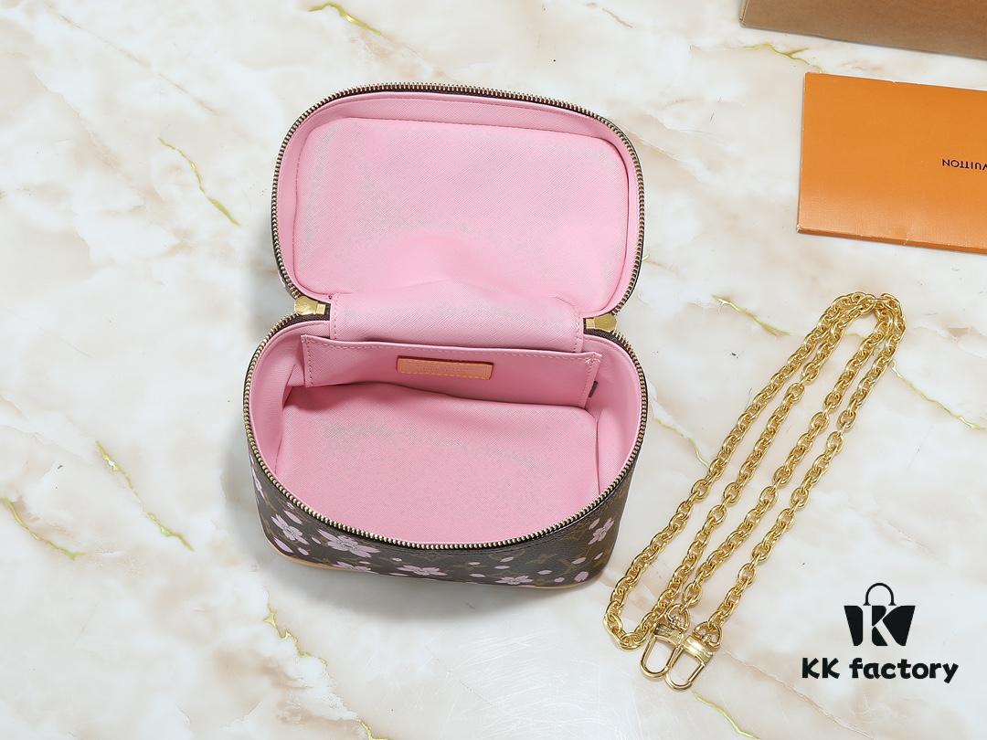Upgraded Original M14181 M44495 Nice Mini Cosmetic Case Made of Monogram Coated Canvas with Rounded Silhouette and Cherry Blossom Pattern from the Louis Vuitton x Takashi Murakami Reimagined Collection, Featuring Cowhide Leather Handle and Double Zipper Closure