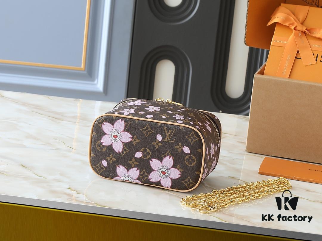 Upgraded Original M14181 M44495 Nice Mini Cosmetic Case Made of Monogram Coated Canvas with Rounded Silhouette and Cherry Blossom Pattern from the Louis Vuitton x Takashi Murakami Reimagined Collection, Featuring Cowhide Leather Handle and Double Zipper Closure