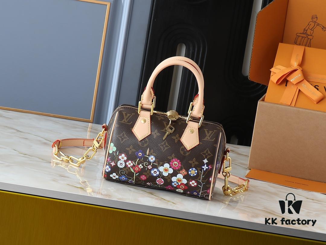 Upgraded Original 🔥Authentic Hardware and Straps🔥 M14175 M46234 This Speedy Bandoulière 20 Handbag combines Monogram canvas with cowhide leather trims, expressing a fashionable flair through the vibrant elements of the Louis Vuitton x Takashi Murakami Re-Edition collection. The front and back reimagine the Monogram flower pattern based on Murakami's 'Superflat' art concept. A striking padlock adorns the zip closure, while Toron handles and a detachable, adjustable chain strap ensure comfortable carrying. Dimensions: 20.5 x 13.5 x 12.0 cm (L x H x W)