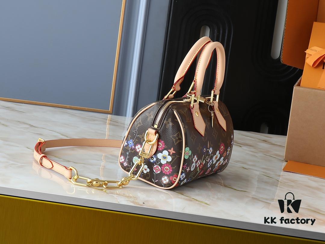Upgraded Original 🔥Authentic Hardware and Straps🔥 M14175 M46234 This Speedy Bandoulière 20 Handbag combines Monogram canvas with cowhide leather trims, expressing a fashionable flair through the vibrant elements of the Louis Vuitton x Takashi Murakami Re-Edition collection. The front and back reimagine the Monogram flower pattern based on Murakami's 'Superflat' art concept. A striking padlock adorns the zip closure, while Toron handles and a detachable, adjustable chain strap ensure comfortable carrying. Dimensions: 20.5 x 13.5 x 12.0 cm (L x H x W)