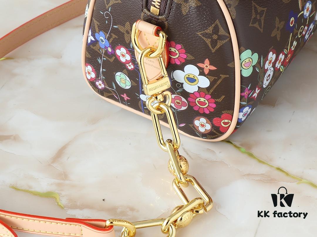 Upgraded Original 🔥Authentic Hardware and Straps🔥 M14175 M46234 This Speedy Bandoulière 20 Handbag combines Monogram canvas with cowhide leather trims, expressing a fashionable flair through the vibrant elements of the Louis Vuitton x Takashi Murakami Re-Edition collection. The front and back reimagine the Monogram flower pattern based on Murakami's 'Superflat' art concept. A striking padlock adorns the zip closure, while Toron handles and a detachable, adjustable chain strap ensure comfortable carrying. Dimensions: 20.5 x 13.5 x 12.0 cm (L x H x W)