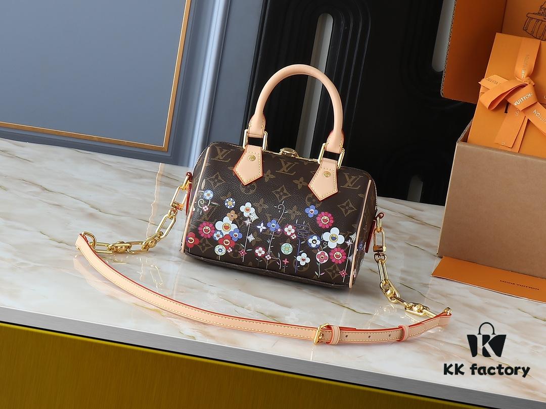 Upgraded Original 🔥Authentic Hardware and Straps🔥 M14175 M46234 This Speedy Bandoulière 20 Handbag combines Monogram canvas with cowhide leather trims, expressing a fashionable flair through the vibrant elements of the Louis Vuitton x Takashi Murakami Re-Edition collection. The front and back reimagine the Monogram flower pattern based on Murakami's 'Superflat' art concept. A striking padlock adorns the zip closure, while Toron handles and a detachable, adjustable chain strap ensure comfortable carrying. Dimensions: 20.5 x 13.5 x 12.0 cm (L x H x W)