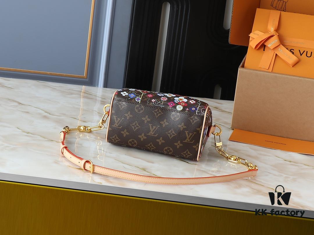 Upgraded Original 🔥Authentic Hardware and Straps🔥 M14175 M46234 This Speedy Bandoulière 20 Handbag combines Monogram canvas with cowhide leather trims, expressing a fashionable flair through the vibrant elements of the Louis Vuitton x Takashi Murakami Re-Edition collection. The front and back reimagine the Monogram flower pattern based on Murakami's 'Superflat' art concept. A striking padlock adorns the zip closure, while Toron handles and a detachable, adjustable chain strap ensure comfortable carrying. Dimensions: 20.5 x 13.5 x 12.0 cm (L x H x W)