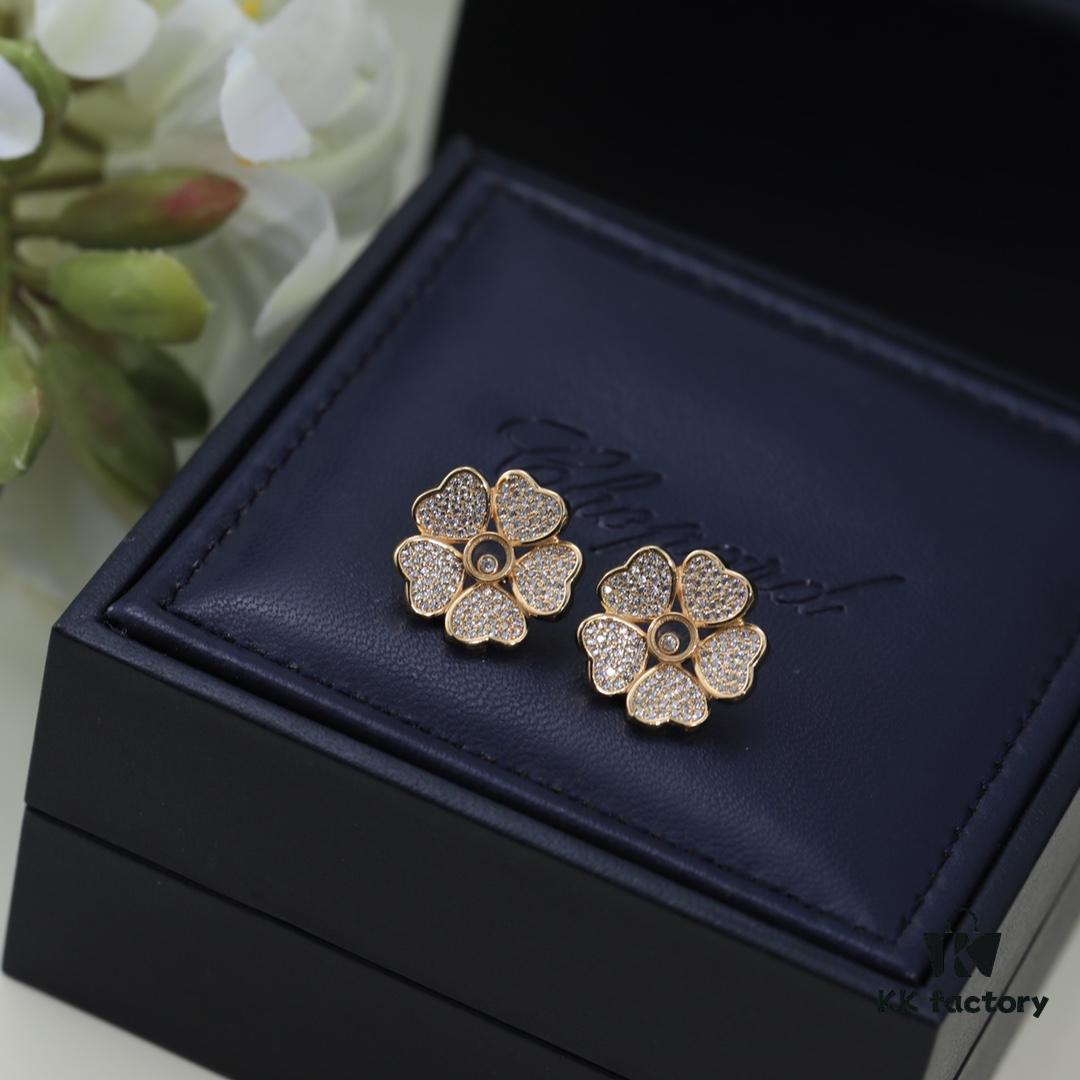 Chopard High-End Stud Earrings with Signature Moving Diamond, 18K Rose Gold and White Gold, Hypoallergenic Silver Pin, Logo on Glass
