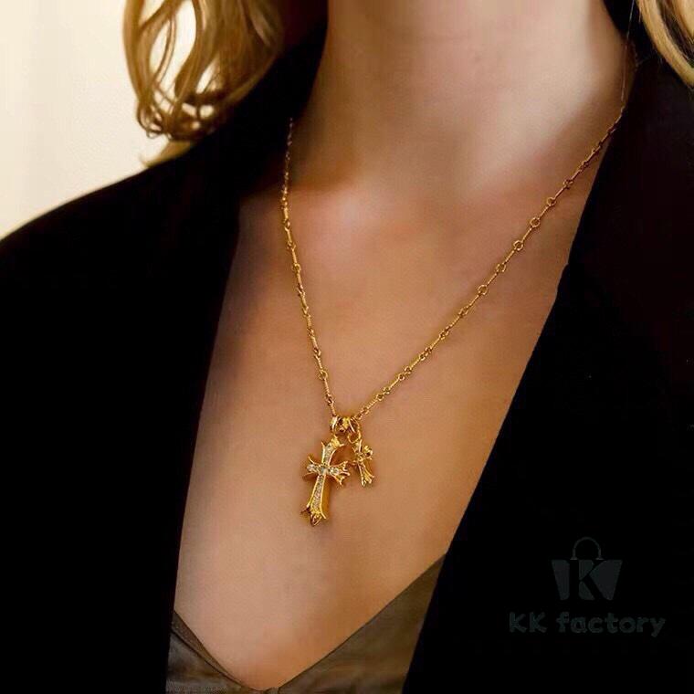 Kuroshin Trendy Essential Item: Double Cross Gold Necklace with Diamond and Polished Surfaces, Reversible and Detachable Design