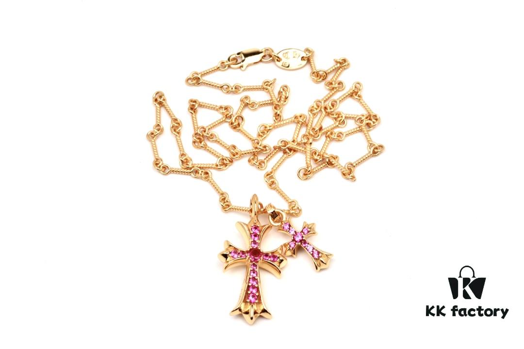 Chrome Hearts 22K Gold Plated Red Diamond Double Cross Necklace