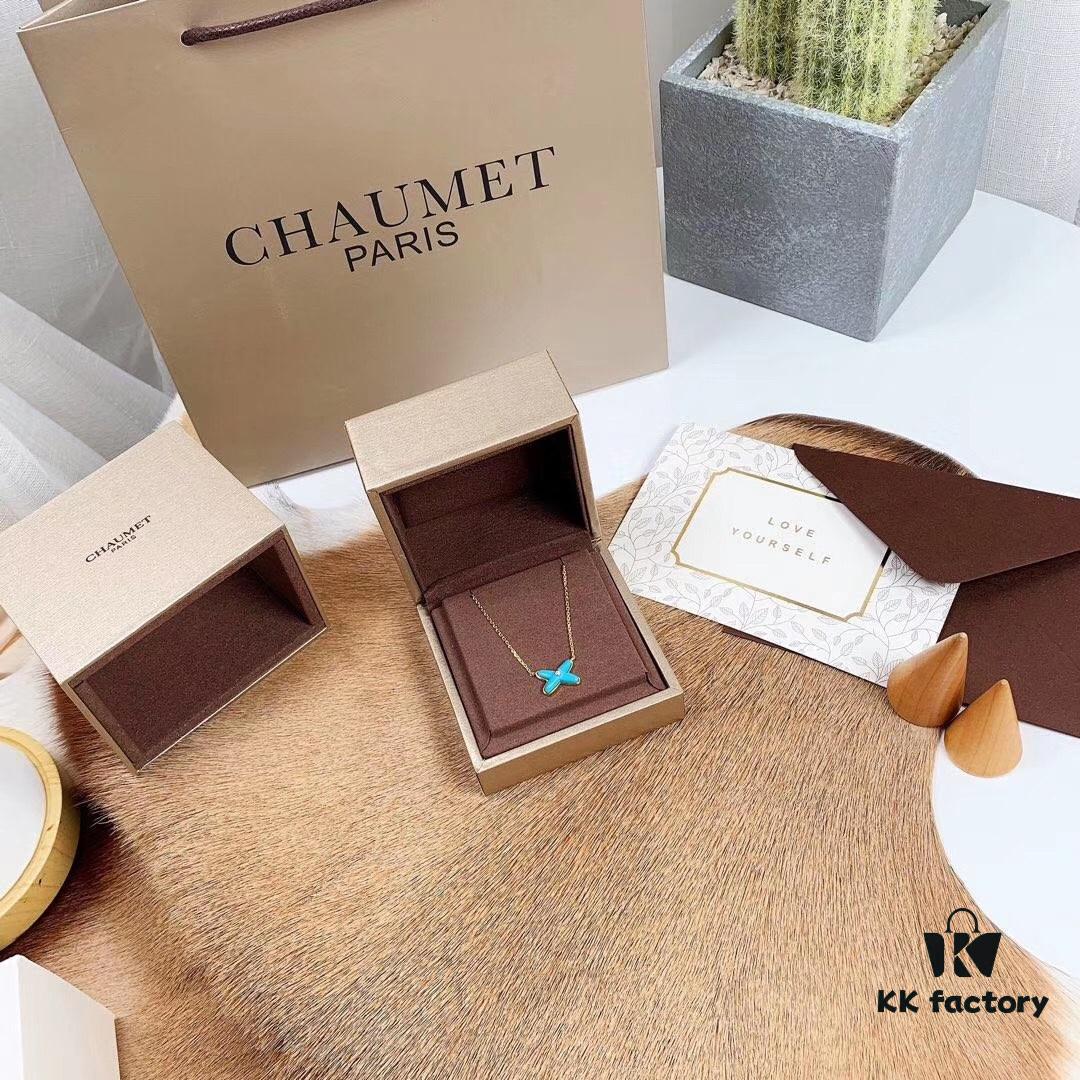 CHAUMET PARIS Liens 'Forever Linked' Pendant Necklace – Symbol of Love and Connection, Crafted in 18K Gold-Plated 925 Silver with Mother-of-Pearl, Turquoise, Lapis Lazuli, Featuring Openwork Cross Design Set with Sparkling Zirconia, Adjustable Chain Length 42cm