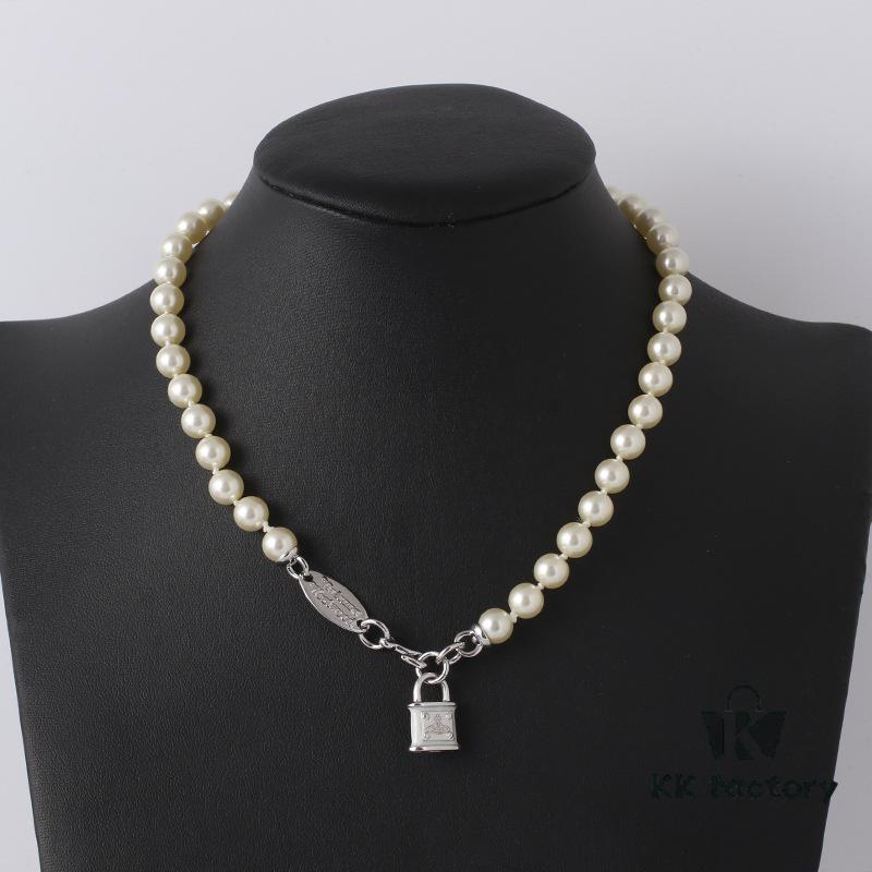 Wholesale European and American Fashion Jewelry Saturn Pearl and Enamel 3D Small Lock Necklace for Women, Drop Shipping Available