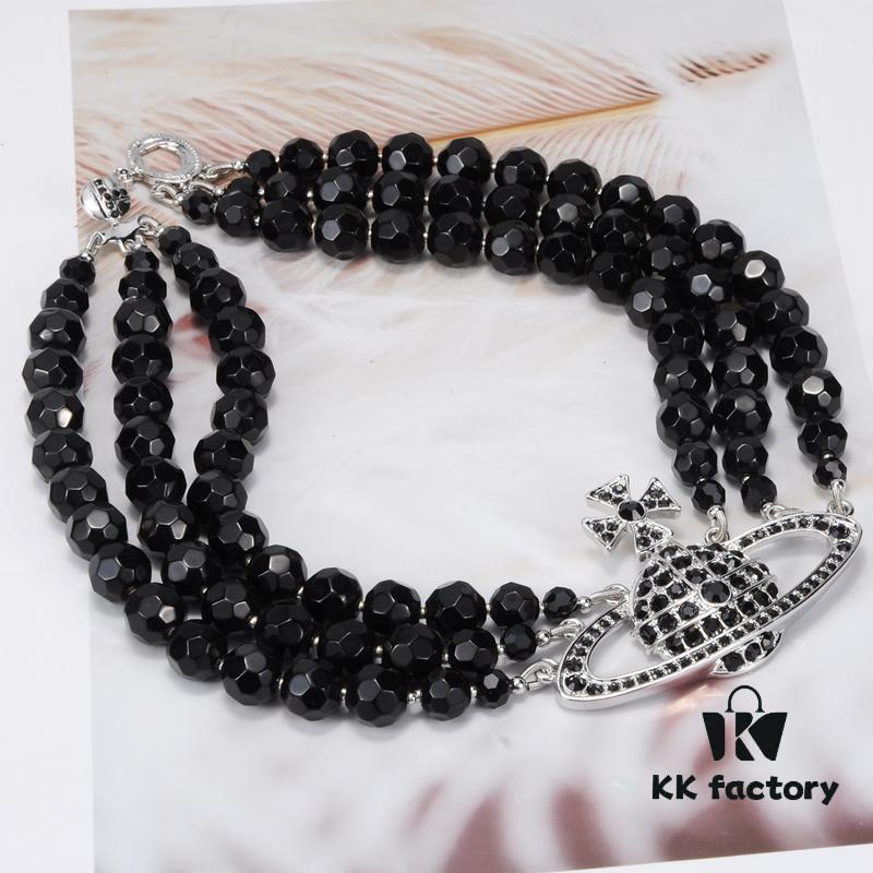 Vivienne Westwood Black Crystal Triple Saturn Necklace, Slimming Design