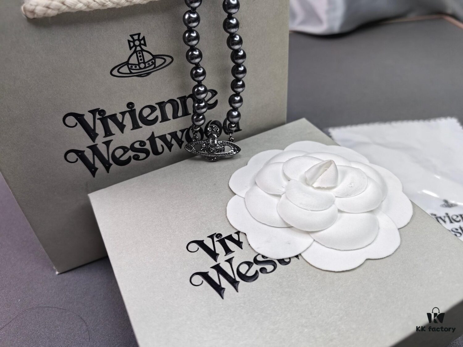 Vivienne Westwood Black Gun Color Saturn Pearl Necklace