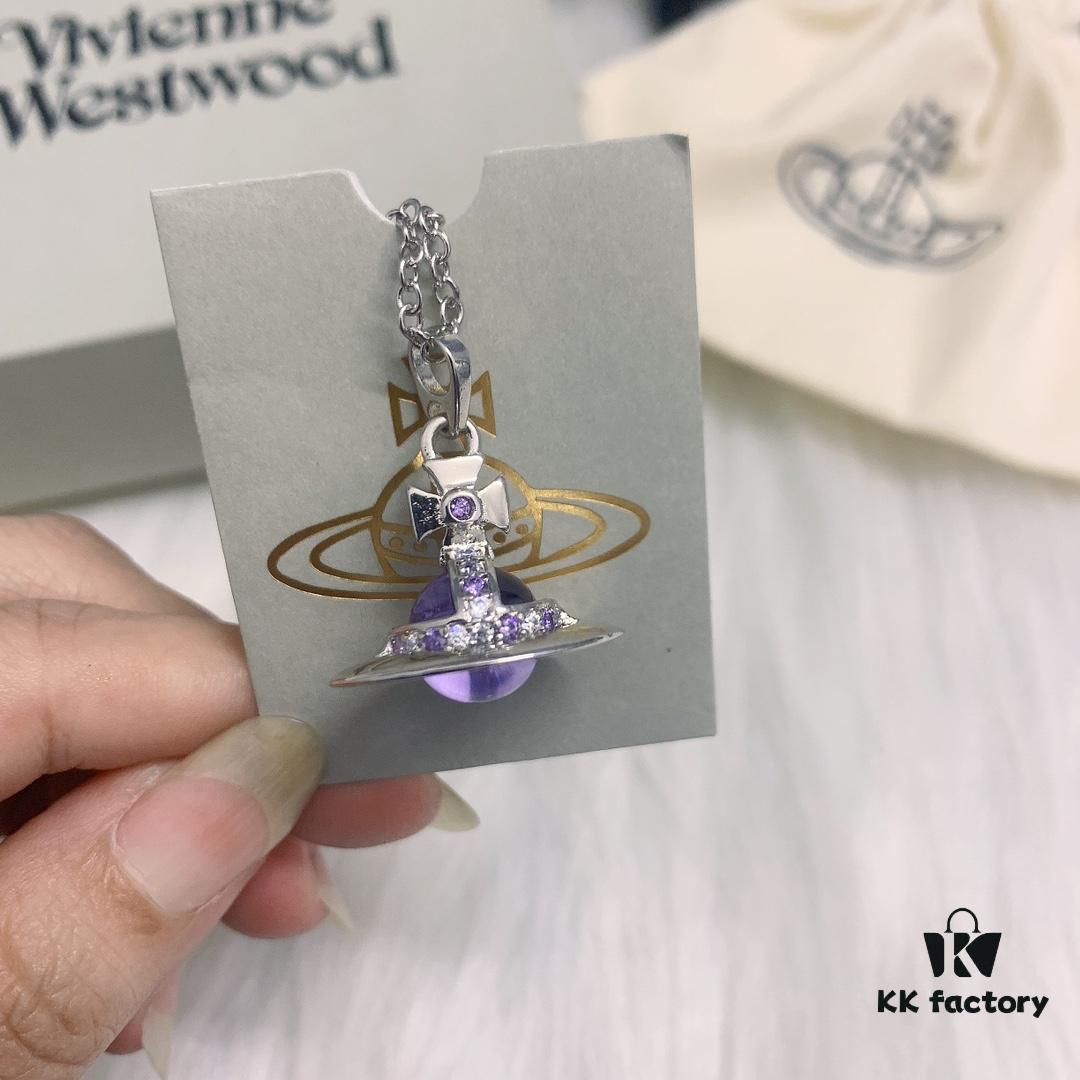 West Queen 3D Purple Glass Bead Necklace in White Gold Color