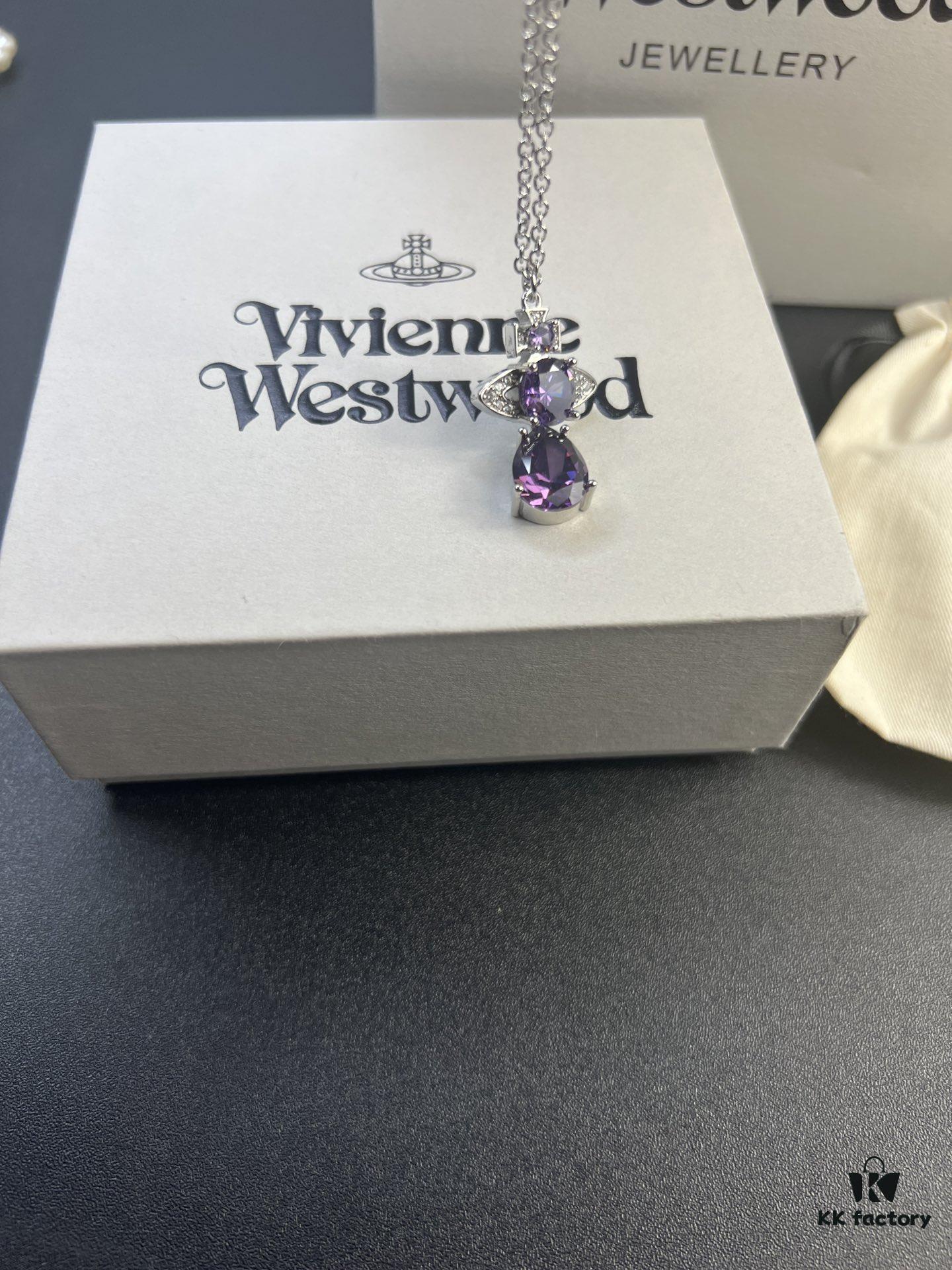 West Queen Purple Crystal Drop Necklace in White Gold Color