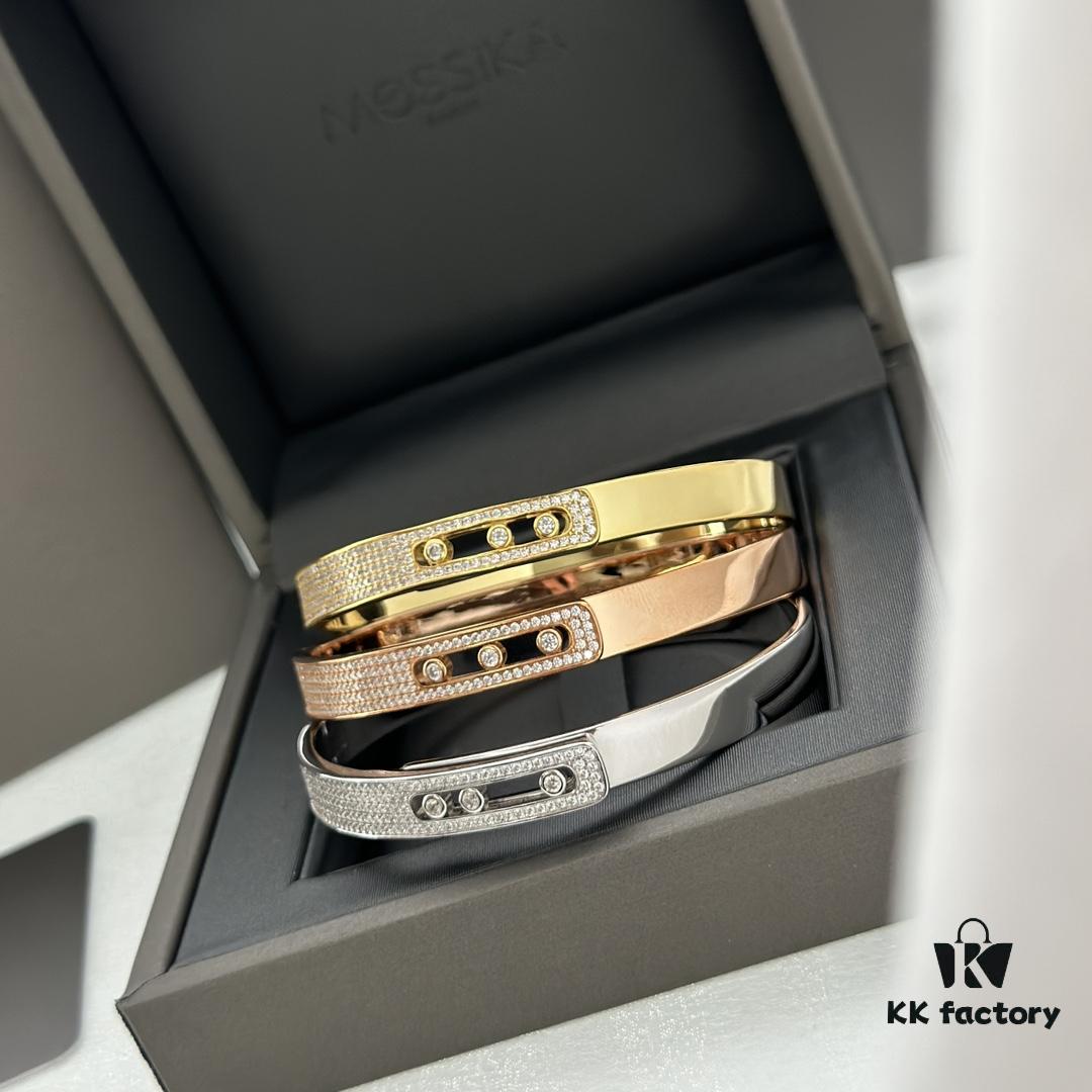 Hot Hollywood's Hottest Luxury Jewelry Brand Messika, Full Diamond Slide Bracelet, Elegant 925 Sterling Silver with Gold Plating, Platinum and Rose Gold Rolling Diamonds