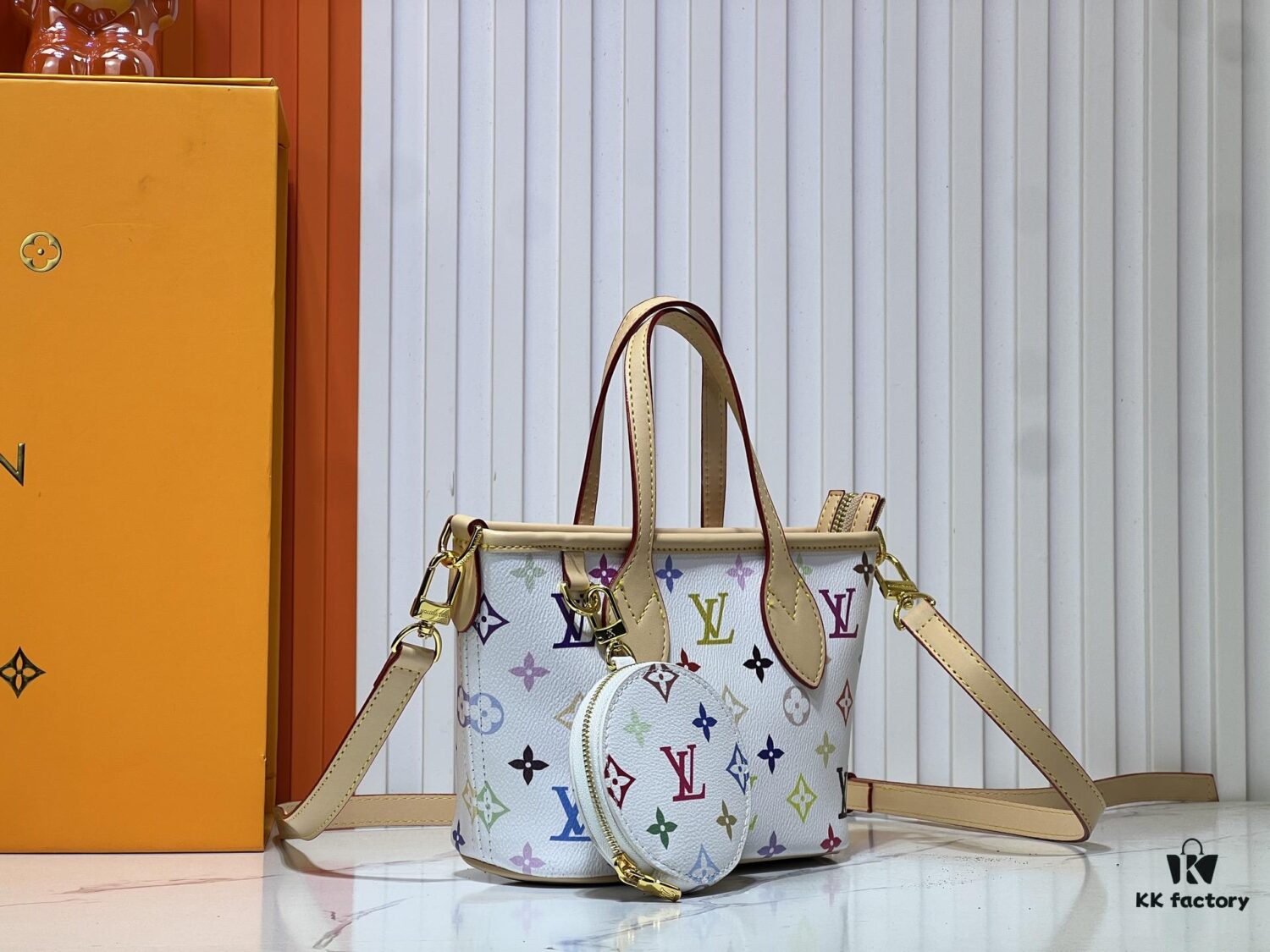 M46705 NEVERFULL BB Bag in White with Tricolor Design, Collaborated with Takashi Murakami