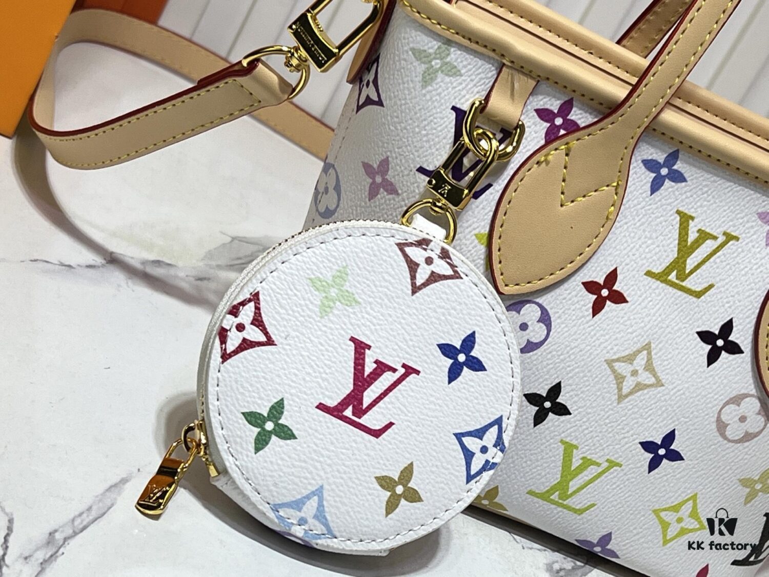 M46705 NEVERFULL BB Bag in White with Tricolor Design, Collaborated with Takashi Murakami