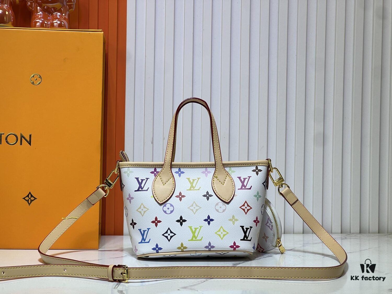 M46705 NEVERFULL BB Bag in White with Tricolor Design, Collaborated with Takashi Murakami