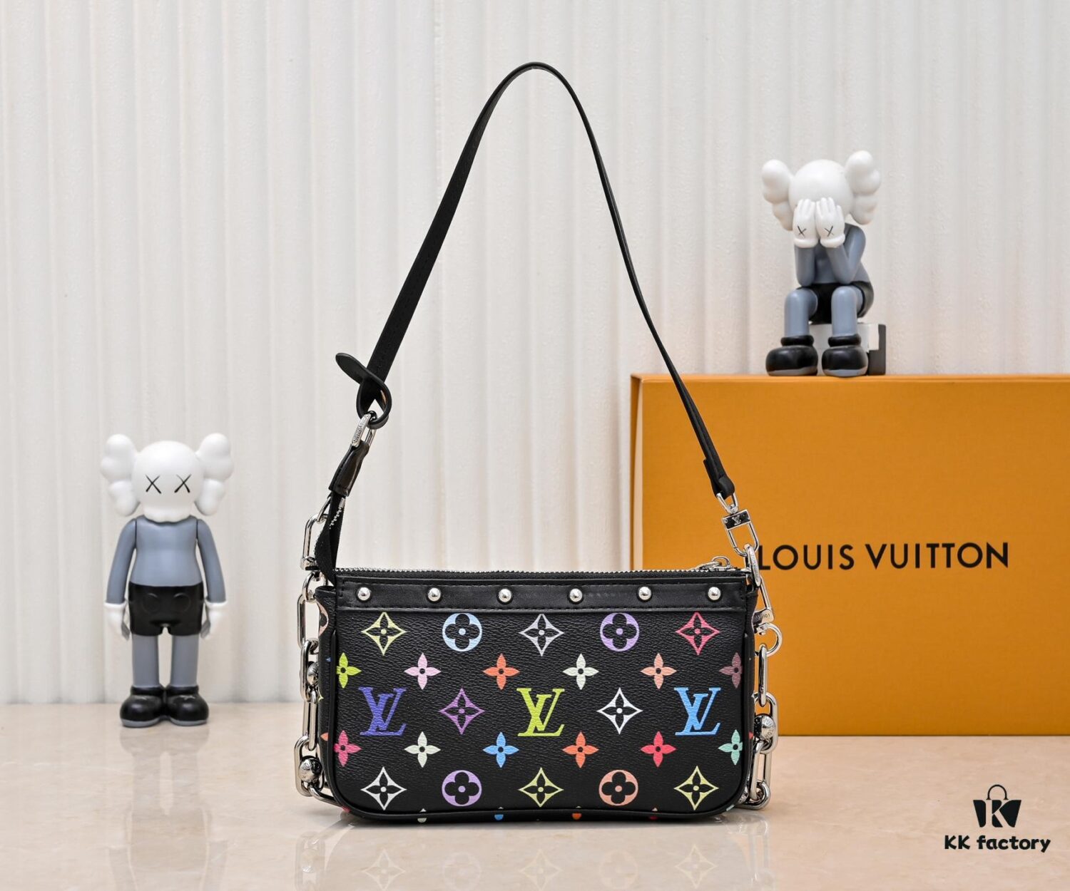 M13404 Black and White Coated Canvas Pochette Accessoires Bag