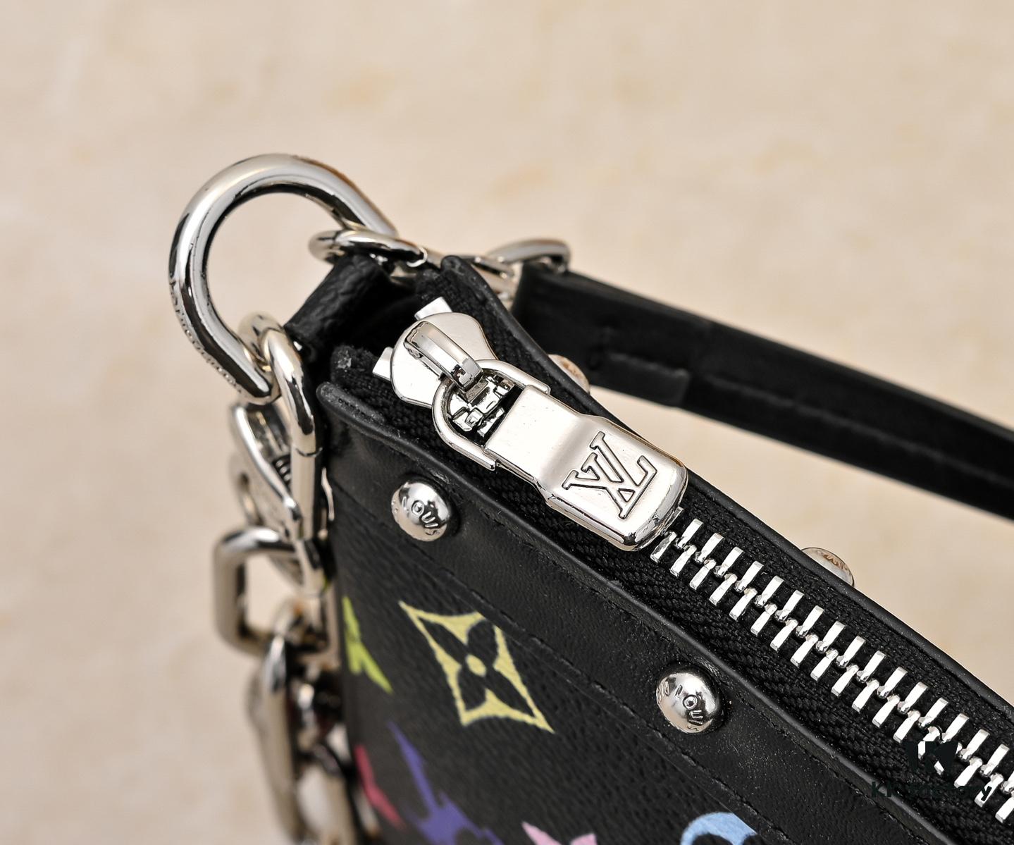 M13404 Black and White Coated Canvas Pochette Accessoires Bag