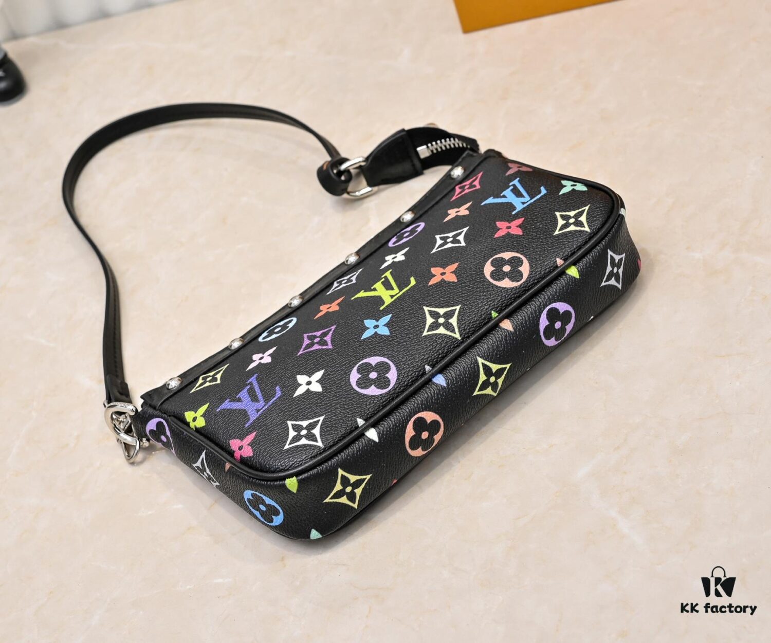 M13404 Black and White Coated Canvas Pochette Accessoires Bag