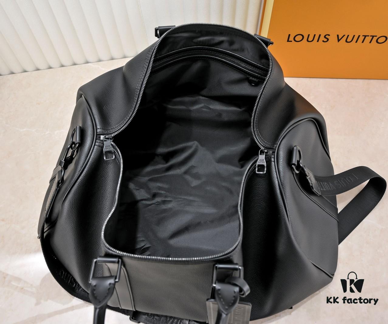 KEEPALL BANDOULIÈRE 50 Travel Bag in Black Grained Leather with Aerogram Design