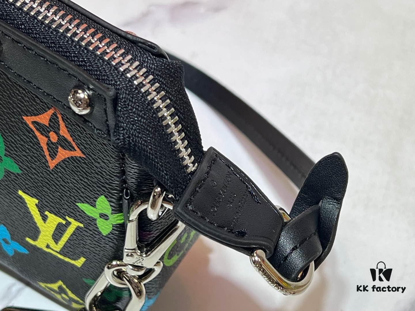 M13404 Black and White Coated Canvas Pochette Accessoires Bag