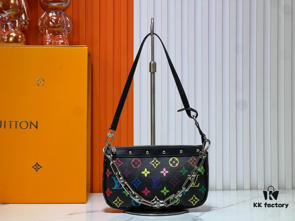 M13404 Black and White Coated Canvas Pochette Accessoires Bag