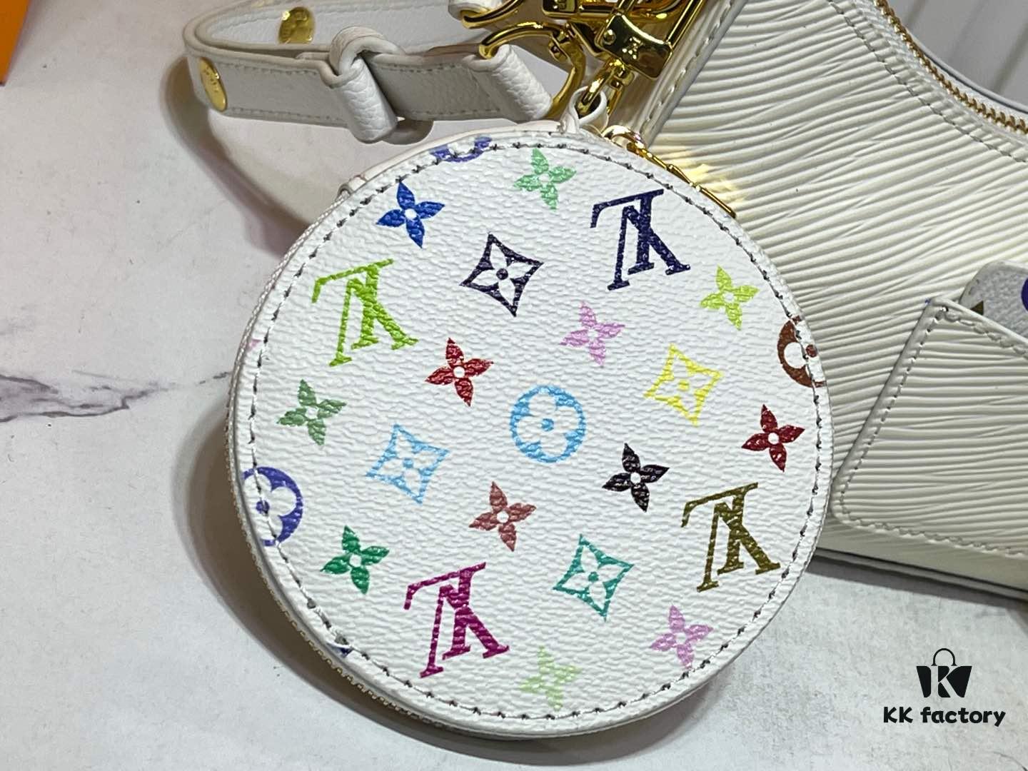 M13099 Marellini Handbag crafted from textured Epi leather with a compact silhouette, offering ample space for daily essentials like a smartphone. Features a round coin purse and mirror made from the vibrant Monogram canvas of the Louis Vuitton × Takashi Murakami collaboration, attached to the bag via a bold metal chain. Dimensions: 19x13.5x6.5cm