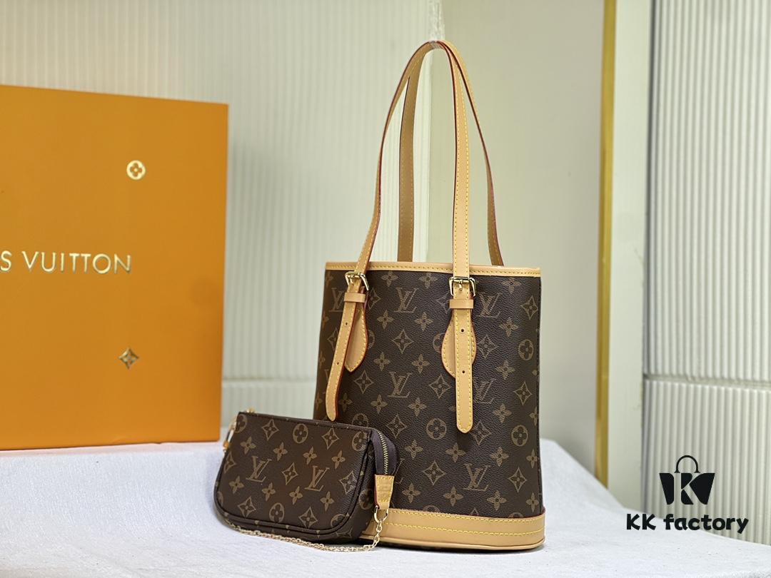 Vintage Yellow Skin High-Quality Original Style Louis Vuitton LV New Women's Shoulder Bag, Drum Bag M42238, Mother-and-Child Bag Design, Practical and Premium Craftsmanship, 23*26*16cm