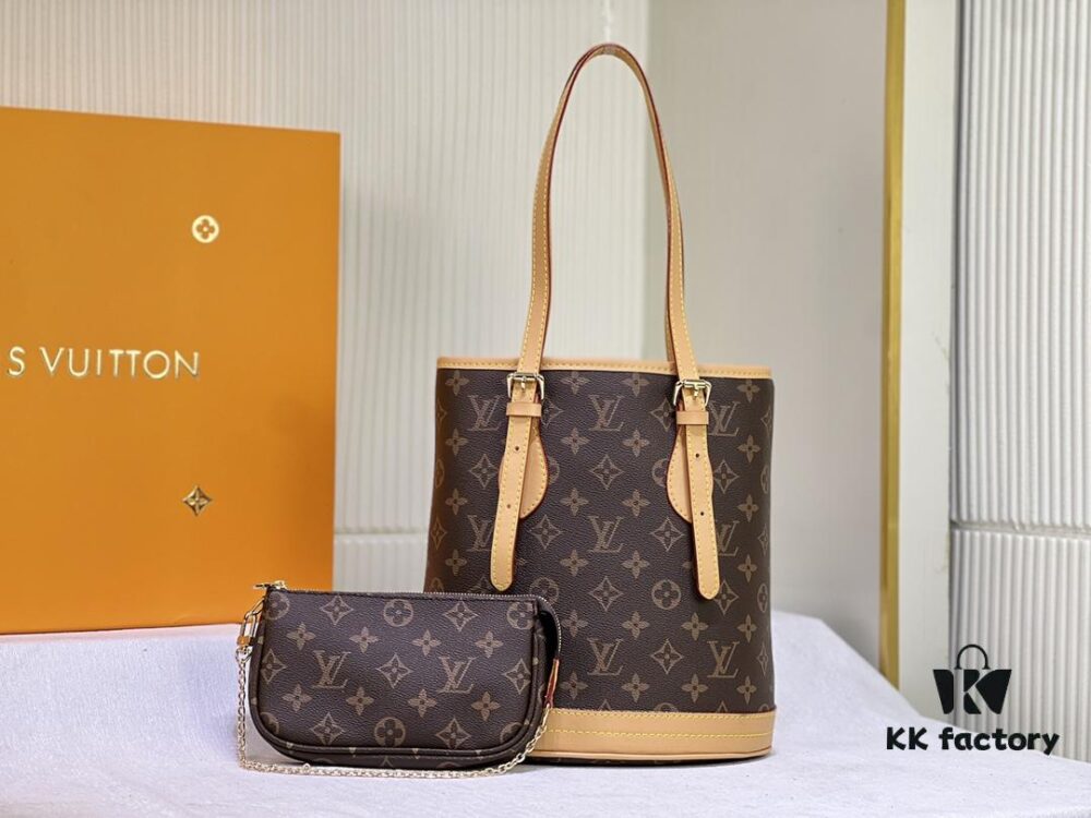Vintage Yellow Skin High-Quality Original Style Louis Vuitton LV New Women's Shoulder Bag, Drum Bag M42238, Mother-and-Child Bag Design, Practical and Premium Craftsmanship, 23*26*16cm