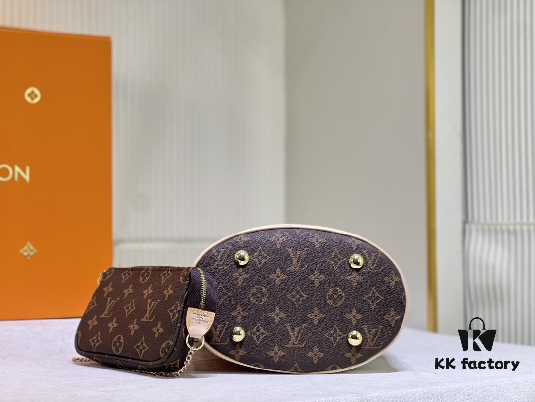 Color-Changing Yellow Leather Bag 🔥 Authentic Quality, High-End Craftsmanship, Excellent Reputation, Mother-and-Child Pouch Design, Extremely Practical, Louis Vuitton-Style Interior, Original Sample Cut, New LV Women's Shoulder Bag, Round Bucket Bag M42238, Size 23*26*16cm 💪💪💪