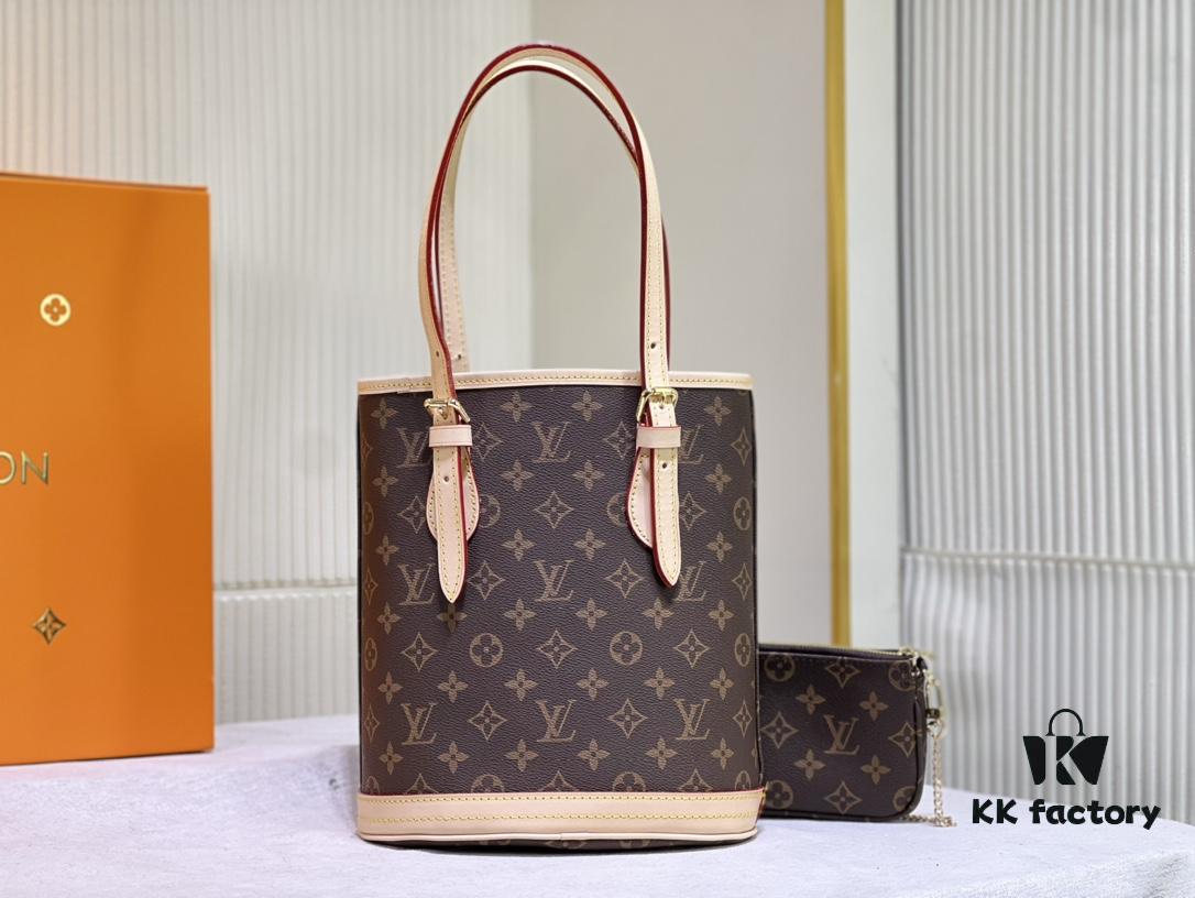 Color-Changing Yellow Leather Bag 🔥 Authentic Quality, High-End Craftsmanship, Excellent Reputation, Mother-and-Child Pouch Design, Extremely Practical, Louis Vuitton-Style Interior, Original Sample Cut, New LV Women's Shoulder Bag, Round Bucket Bag M42238, Size 23*26*16cm 💪💪💪