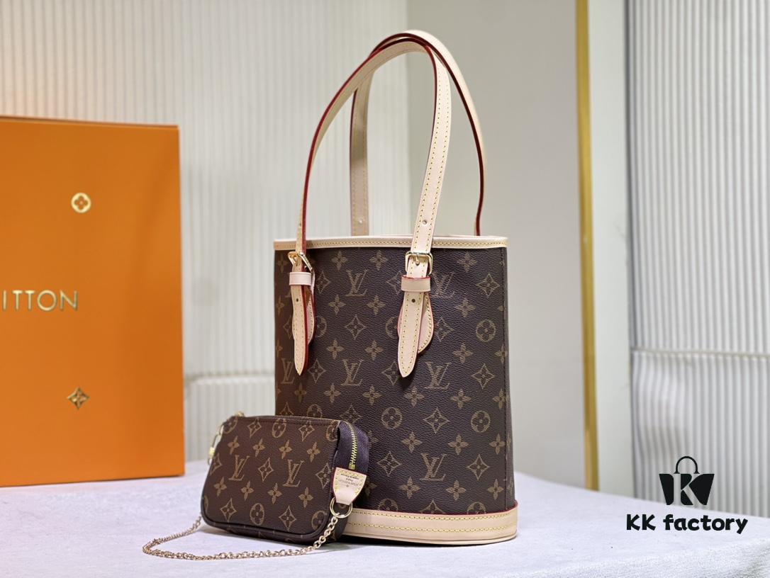 Color-Changing Yellow Leather Bag 🔥 Authentic Quality, High-End Craftsmanship, Excellent Reputation, Mother-and-Child Pouch Design, Extremely Practical, Louis Vuitton-Style Interior, Original Sample Cut, New LV Women's Shoulder Bag, Round Bucket Bag M42238, Size 23*26*16cm 💪💪💪