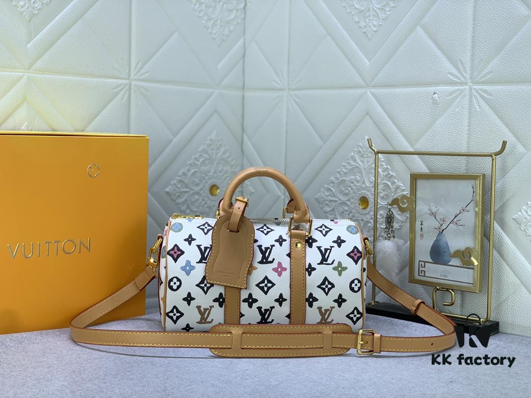 Upgraded Original M46271 Black Flower Orange Chain, Denim Blue, M31044 Orange, M11542 Monogram, M24849 Multicolor Daisy Keepall 25