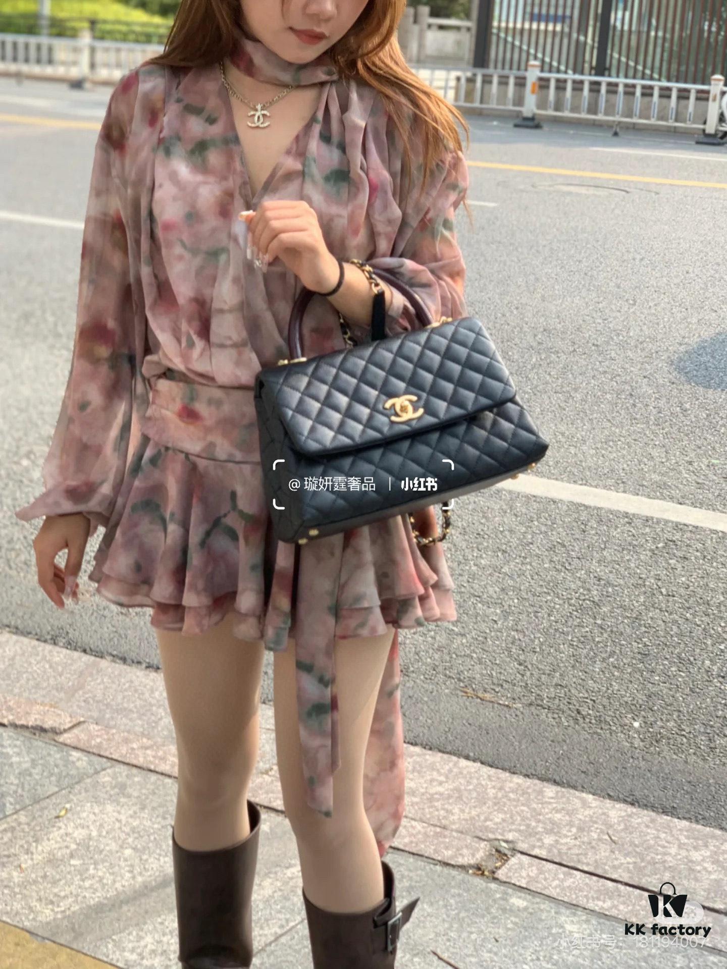 Chanel Coco Handle in Black Shiny Calfskin with Red Handle