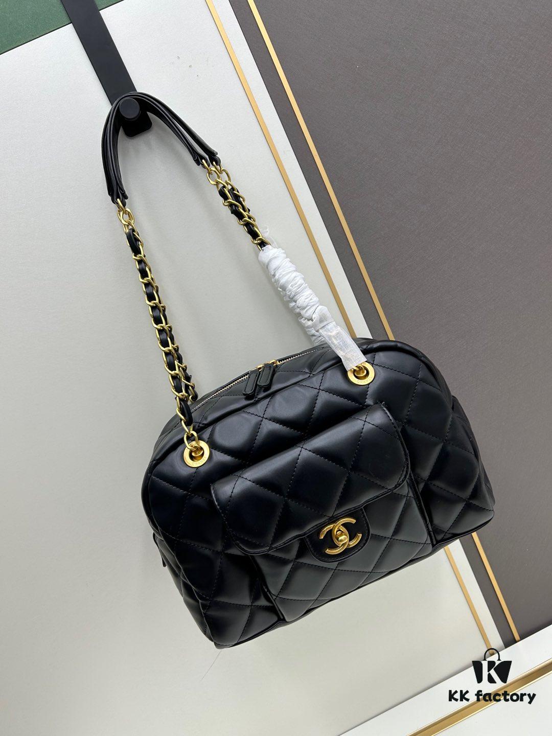 New Chanel 24A Bowling Bag Small Black Crinkled Calfskin