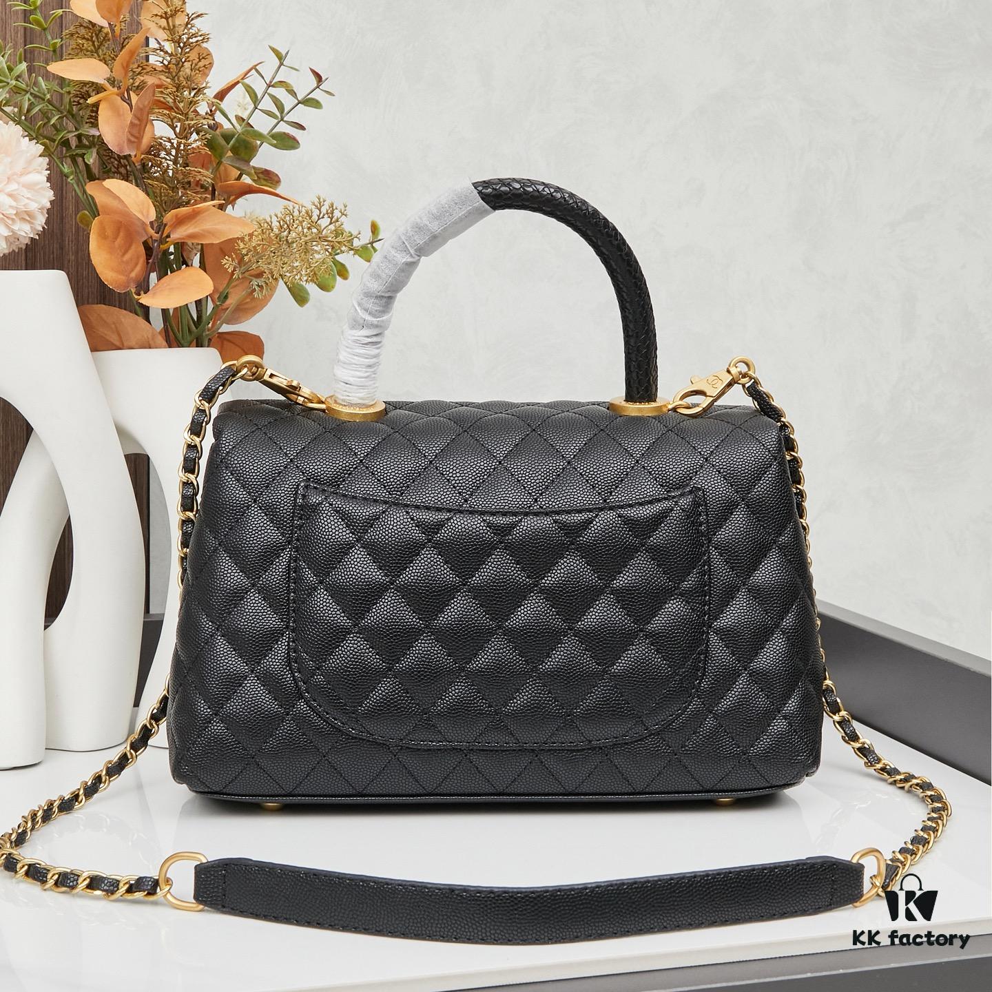 New Arrival with Box Chanel Coco Handle Black Calfskin Red Handle