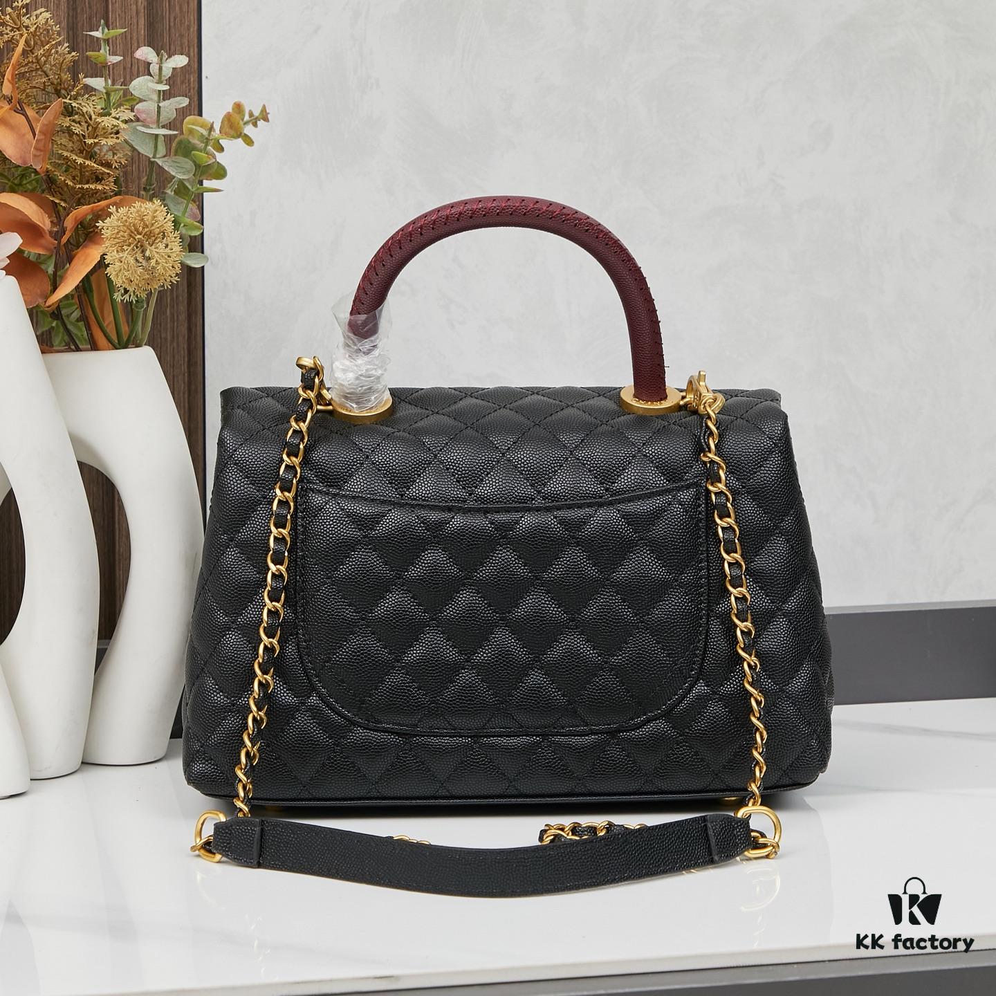 New Arrival with Box Chanel Coco Handle Black Calfskin Red Handle