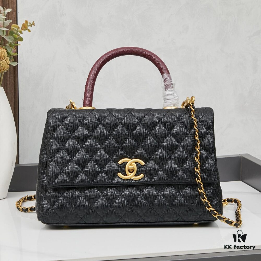 New Arrival with Box Chanel Coco Handle Black Calfskin Red Handle