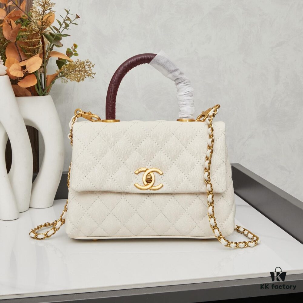 New Arrival with Box, Mini Chanel Coco Handle in Black Calfskin with Gold Hardware and Red Handle