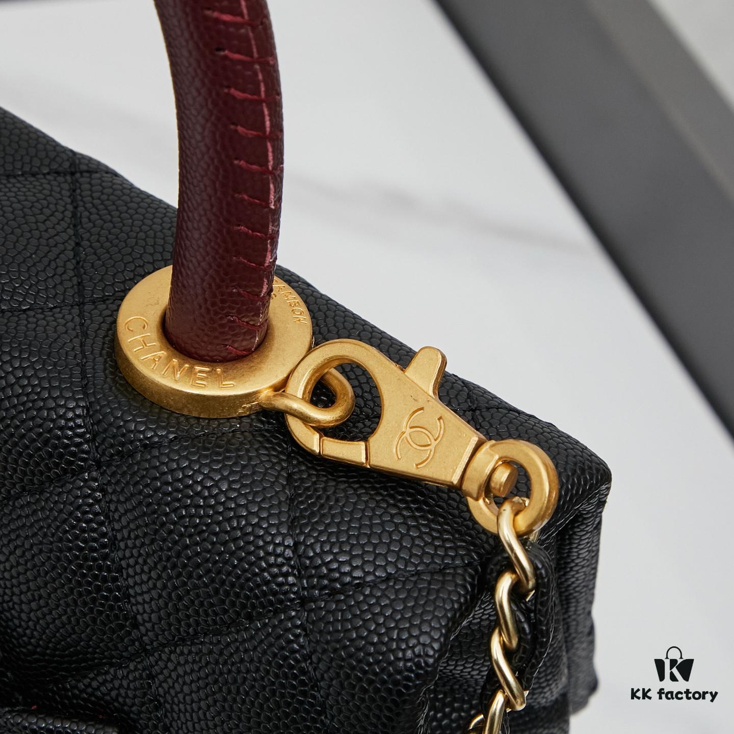 New Arrival with Box, Mini Chanel Coco Handle, Black Calfskin with Gold Hardware, Red Handle