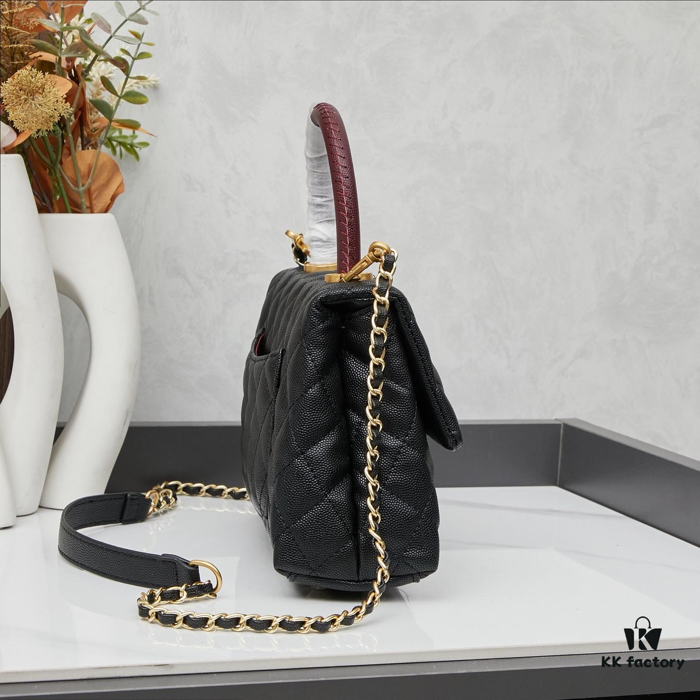 New Arrival with Box, Mini Chanel Coco Handle, Black Calfskin with Gold Hardware, Red Handle