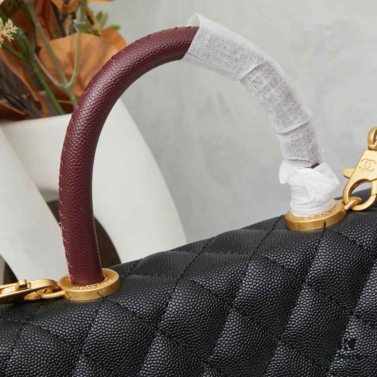 New Arrival with Box, Mini Chanel Coco Handle, Black Calfskin with Gold Hardware, Red Handle