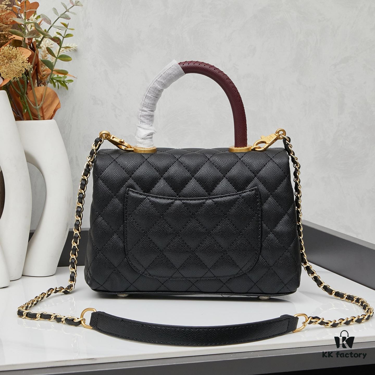 New Arrival with Box, Mini Chanel Coco Handle, Black Calfskin with Gold Hardware, Red Handle