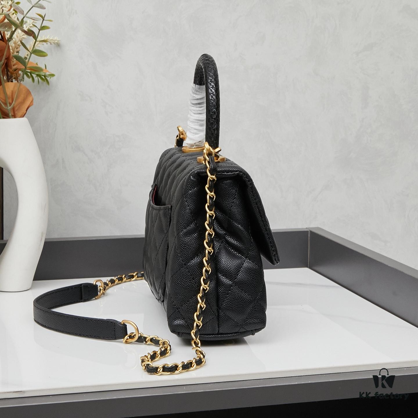 New Arrival with Box, Mini Chanel Coco Handle in Black Calfskin with Gold Hardware and Red Handle