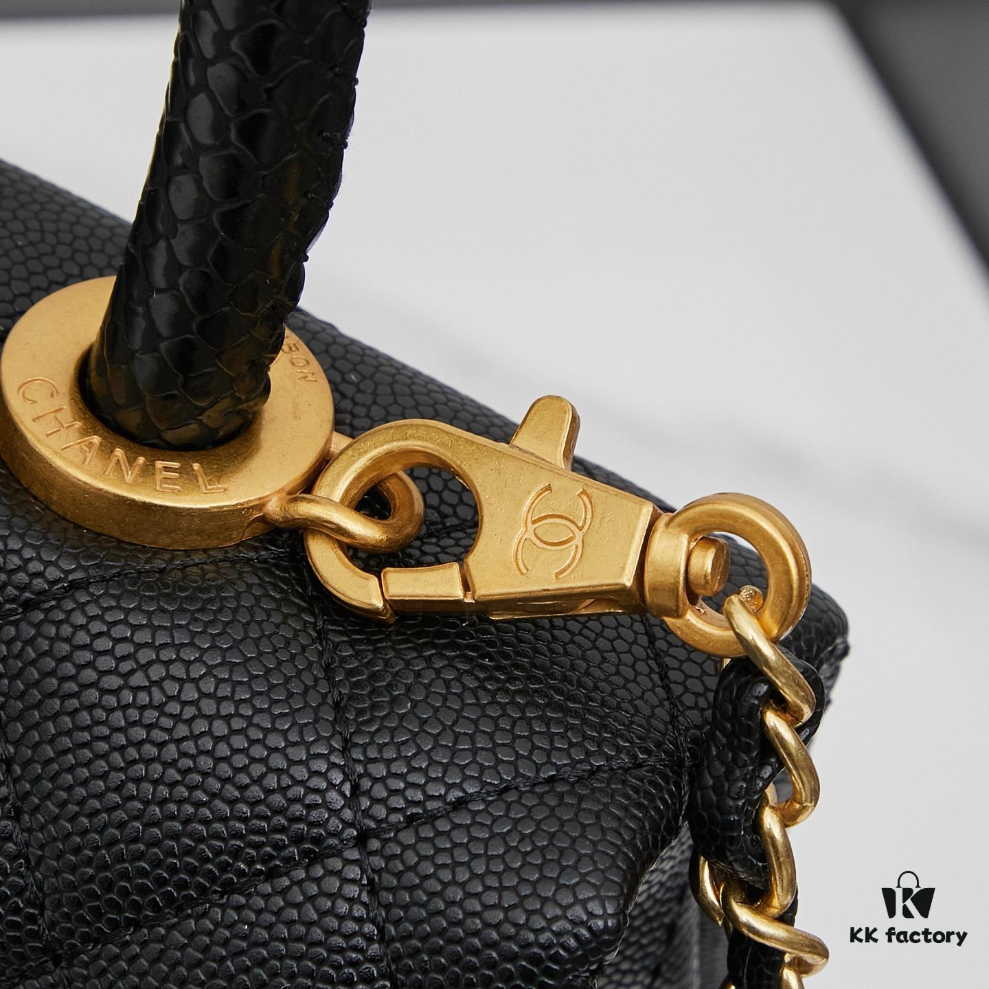 New Arrival with Box, Mini Chanel Coco Handle in Black Calfskin with Gold Hardware and Red Handle